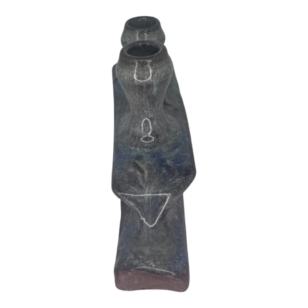 Art Pottery Candle Holder Studio Pottery Brutalist Signed‎ Blue Gray Glaze